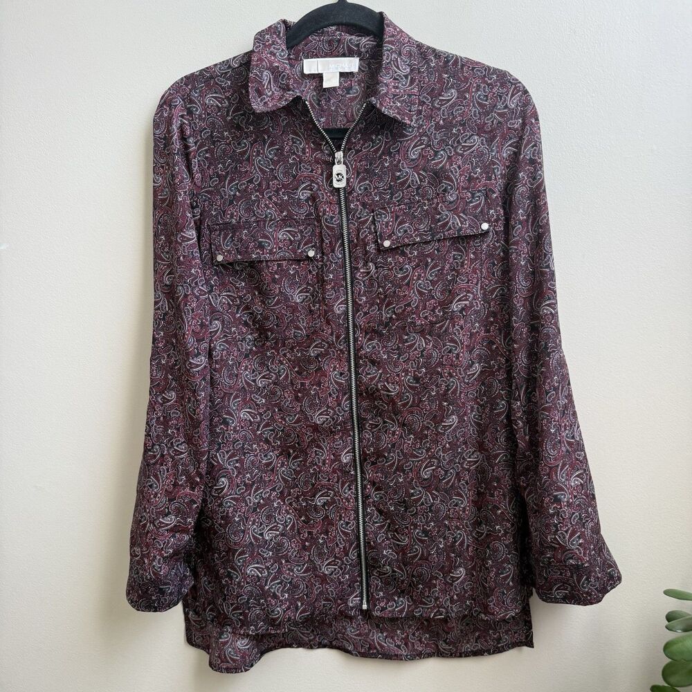 Michael Kors Zip Up Top Blouse Maroon Paisley Roll Tab Travel Office Size S
